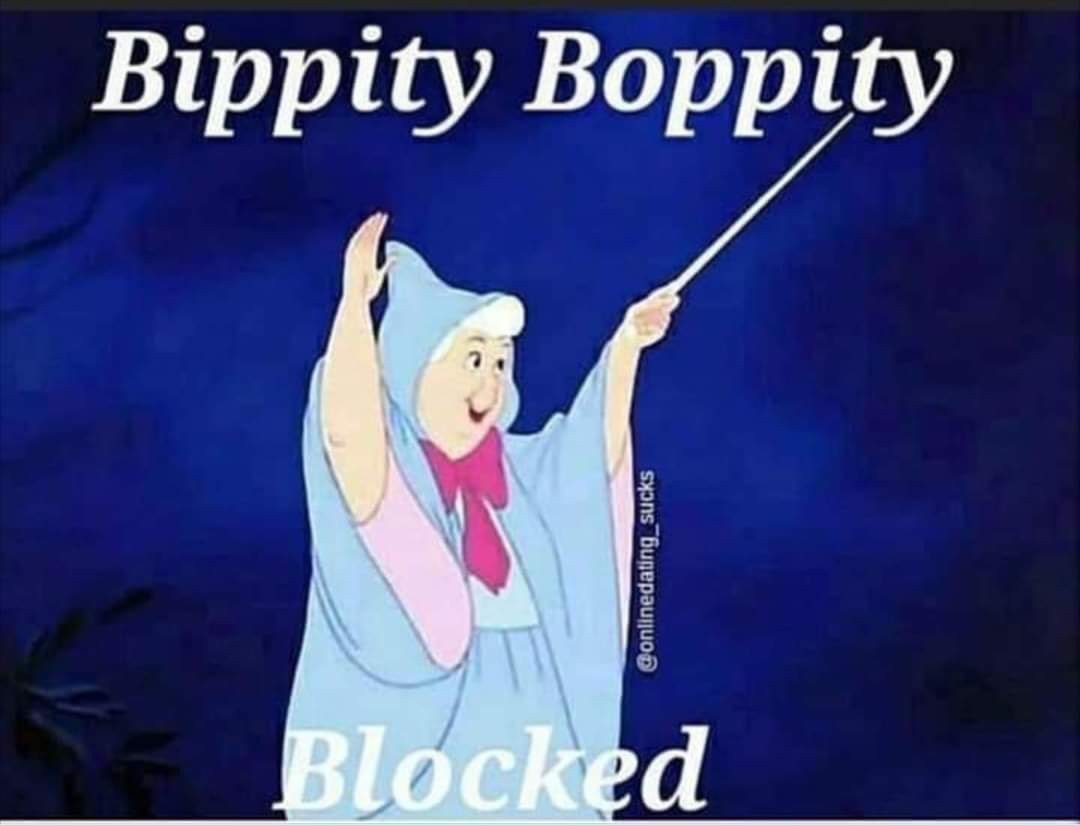 The meme features a character from a Disney movie, likely the Fairy Godmother from Cinderella, with a stern expression. The text "Bippity Boppity Boop" is replaced with "Bippity Boppity Blocked" and "Bippity Boppity Boop" is replaced with "Bippity Boppity Blocked". The image is a humorous take on the classic Disney song, replacing the magical phrase with a modern, tech-related term.